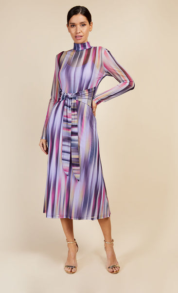 Printed Mesh Tie Waist Midaxi Dress