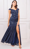 Goddiva Bardot Sequin Pleated Maxi Dress