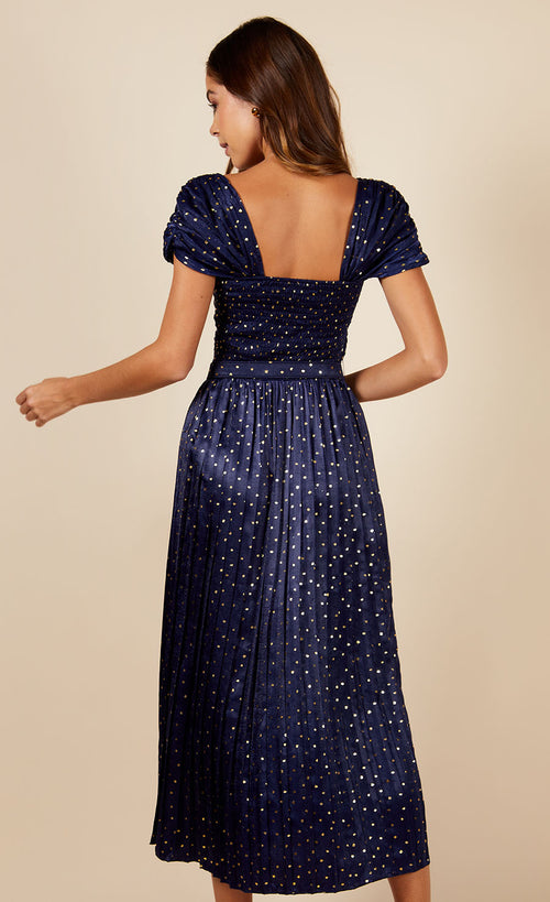 Jackson Navy Gold Foil Satin Pleated Midaxi Dress