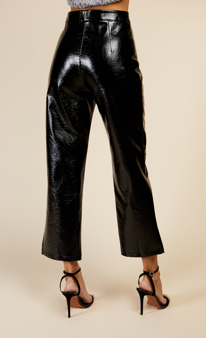 Zip Into Shape High Waisted Cropped Vinyl Trousers in Black