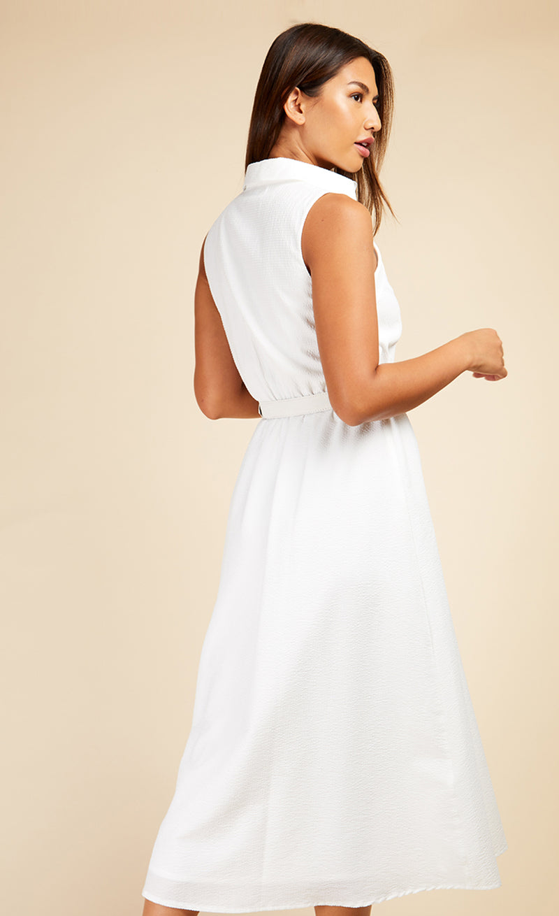 White Textured Belted Midaxi Shirt Dress