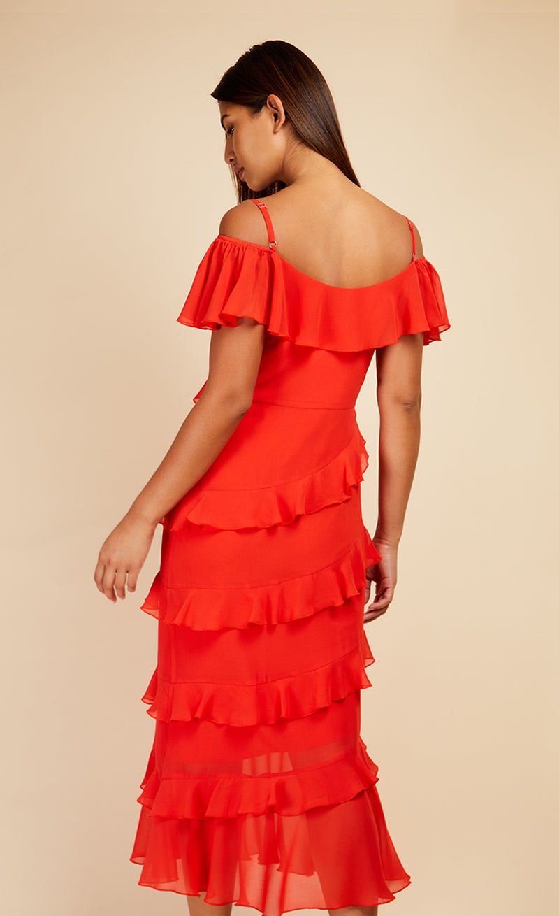 Tomato Red Frill Cold Shoulder Midaxi Dress – Little Mistress