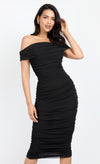 Black Mesh Ruched Bardot Midi Dress by Chloe Lewis