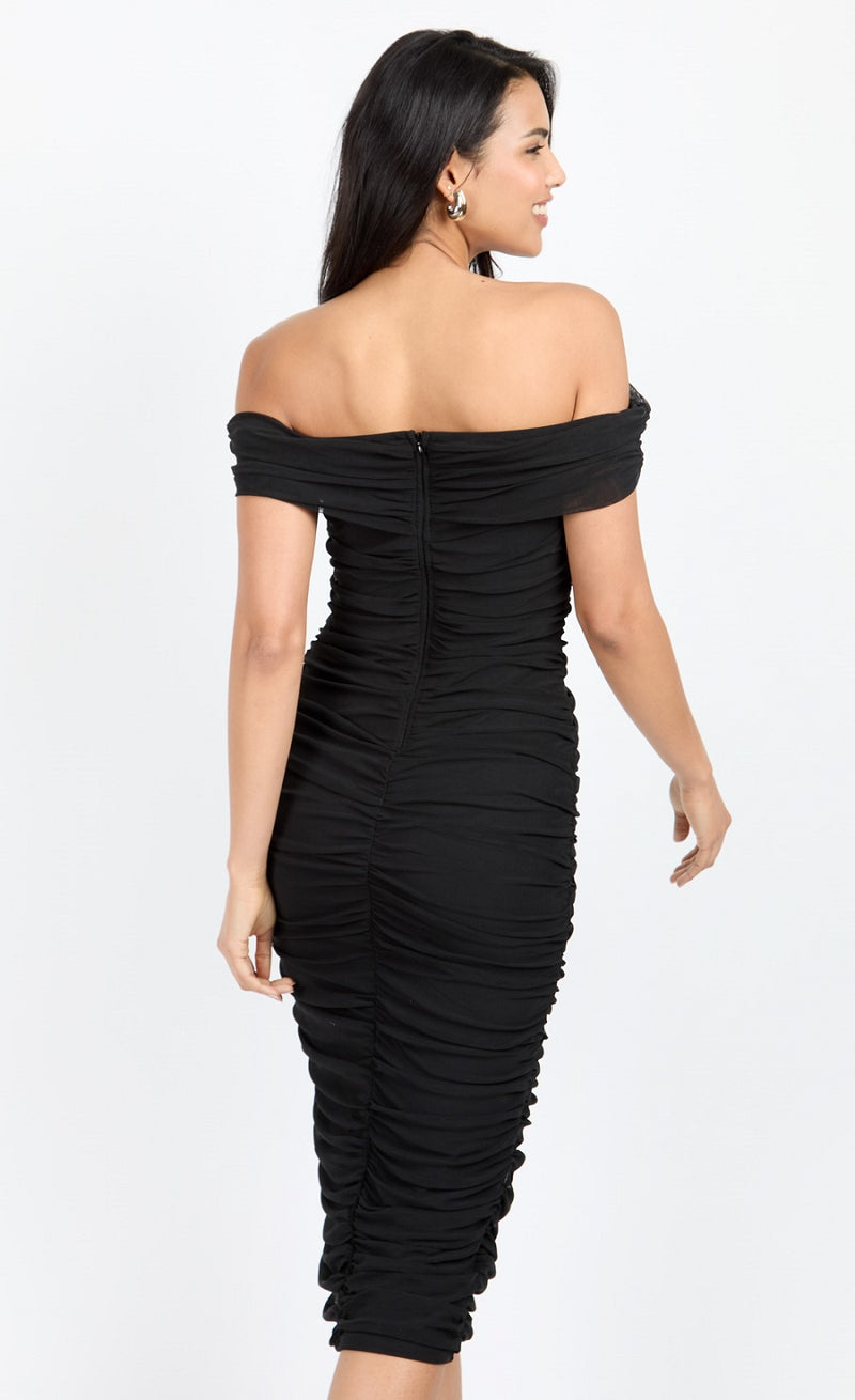 Black Mesh Ruched Bardot Midi Dress by Chloe Lewis