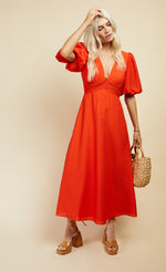 Orange Textured Puff Sleeve Midi Dress