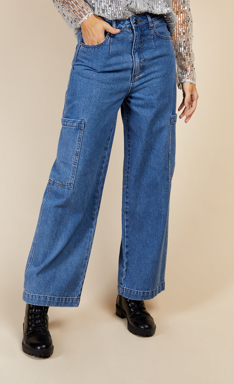 Mid-Blue Cargo Denim Jeans by Vogue Williams – Little Mistress