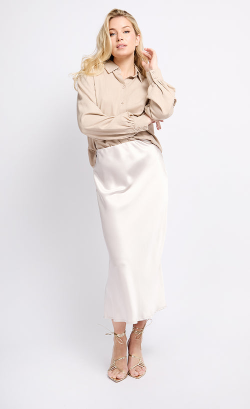 Oyster Satin Midi Skirt by Vogue Williams