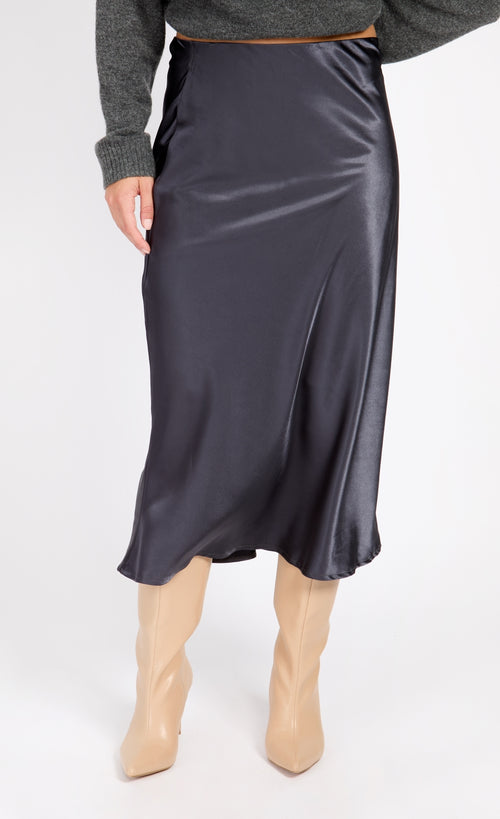 Grey Satin Midi Slip Skirt by Vogue Williams