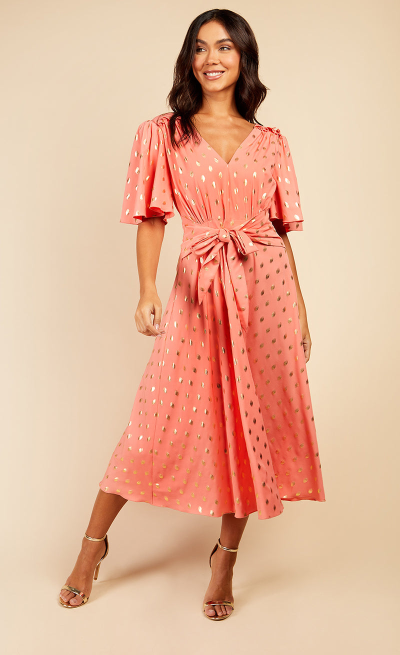Coral And Gold Foil Midaxi Dress