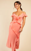 Coral Rosette Frill Midaxi Dress