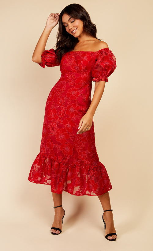 Red Floral Organza Bardot Midaxi Dress