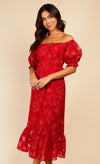 Red Floral Organza Bardot Midaxi Dress