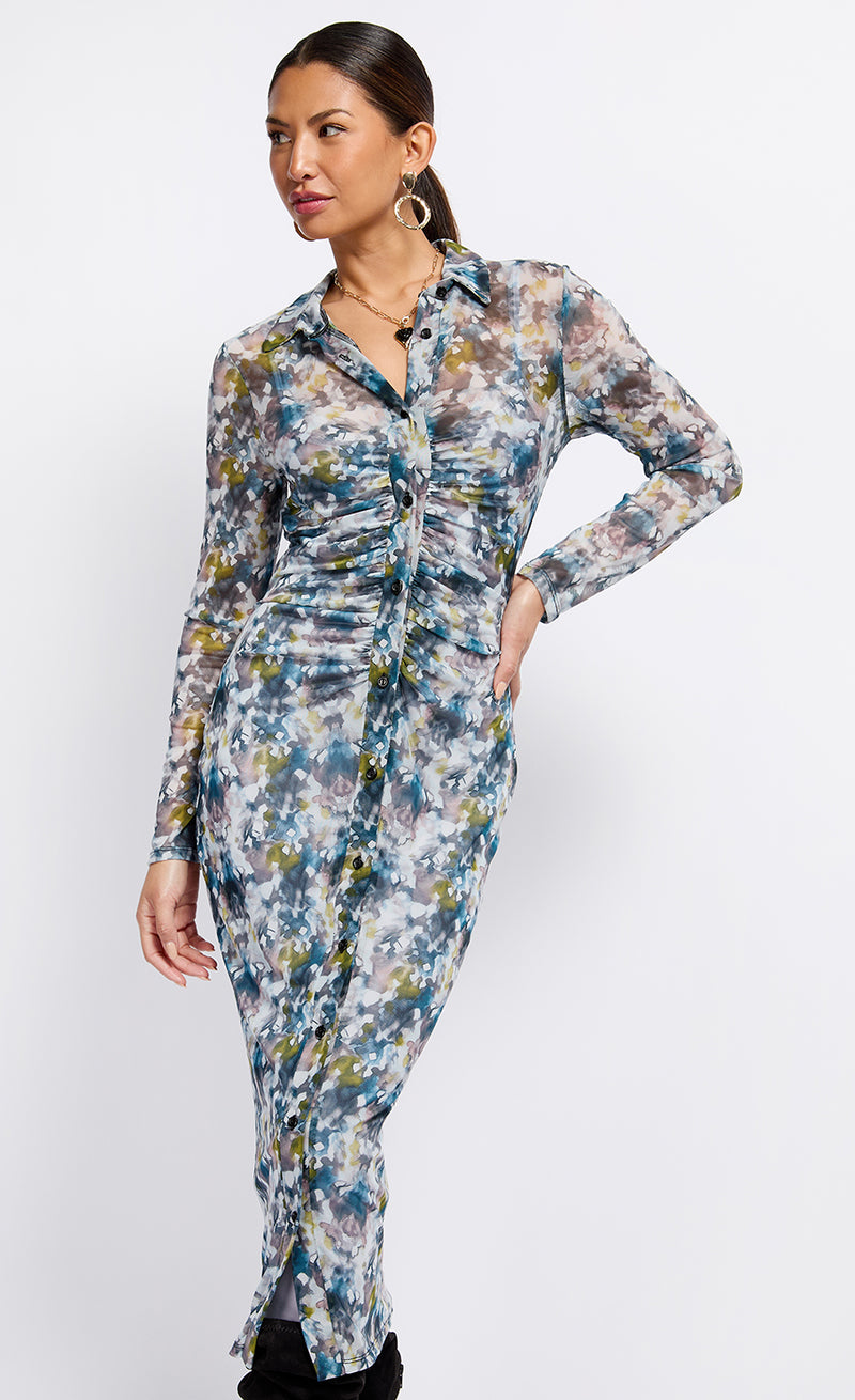 Printed Mesh Midaxi Shirt Dress by Vogue Williams