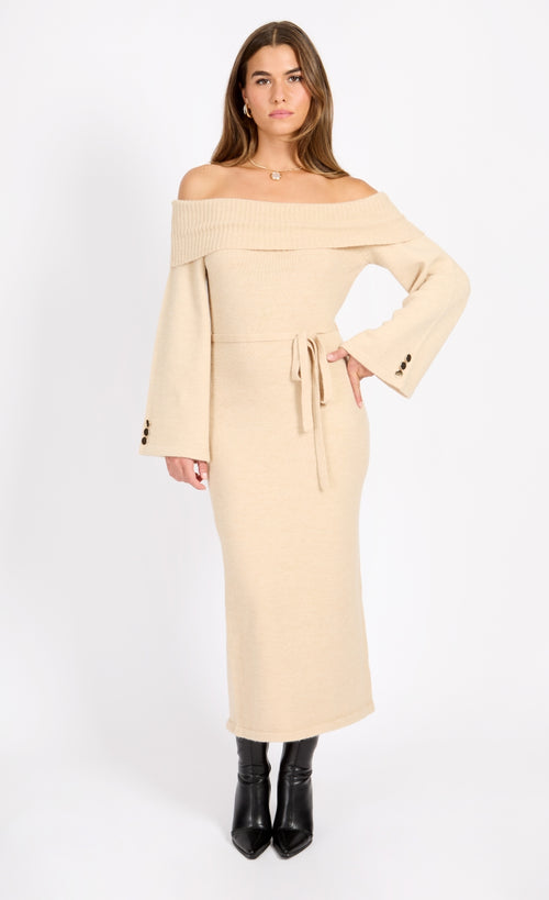 Oatmeal Knit Bardot Midaxi Dress by Vogue Williams