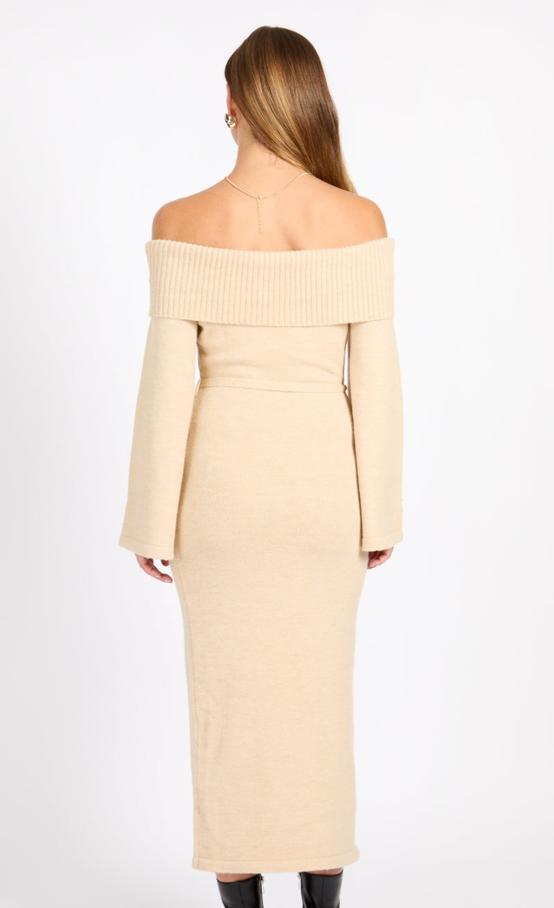 Oatmeal Knit Bardot Midaxi Dress by Vogue Williams