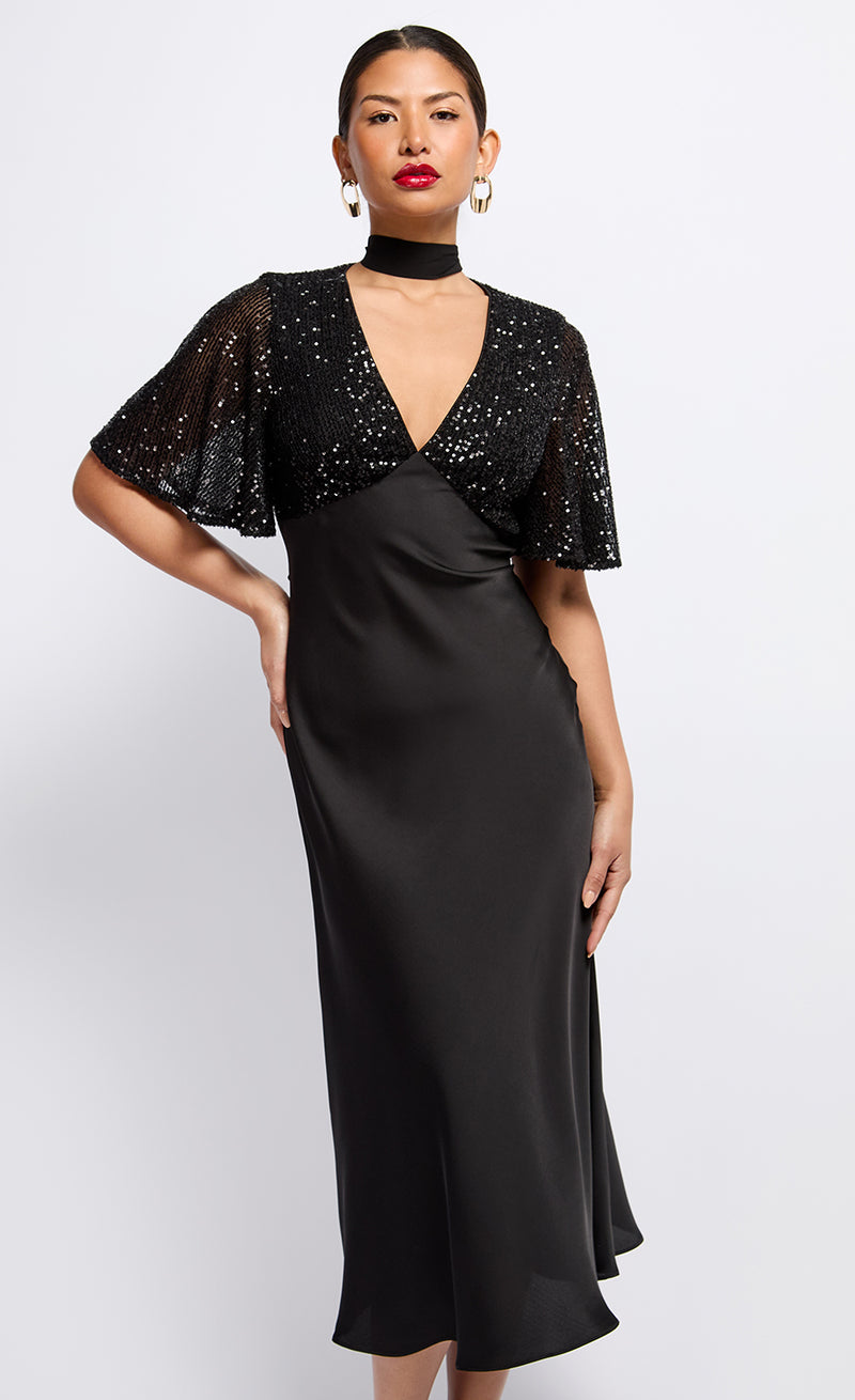 Black Sequin and Satin Midaxi Dress by Vogue Williams