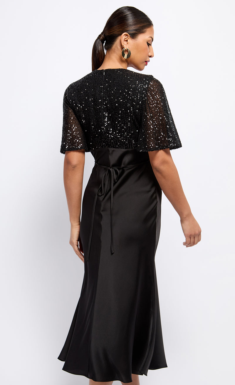 Black Sequin and Satin Midaxi Dress by Vogue Williams