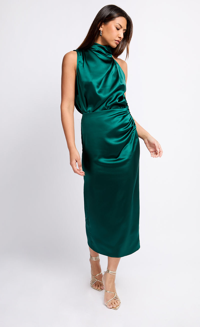 Green Satin Drape Midaxi Skirt by Vogue Williams Little Mistress