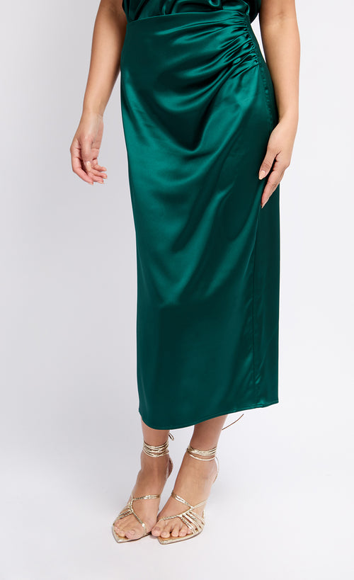 Green Satin Drape Midaxi Skirt