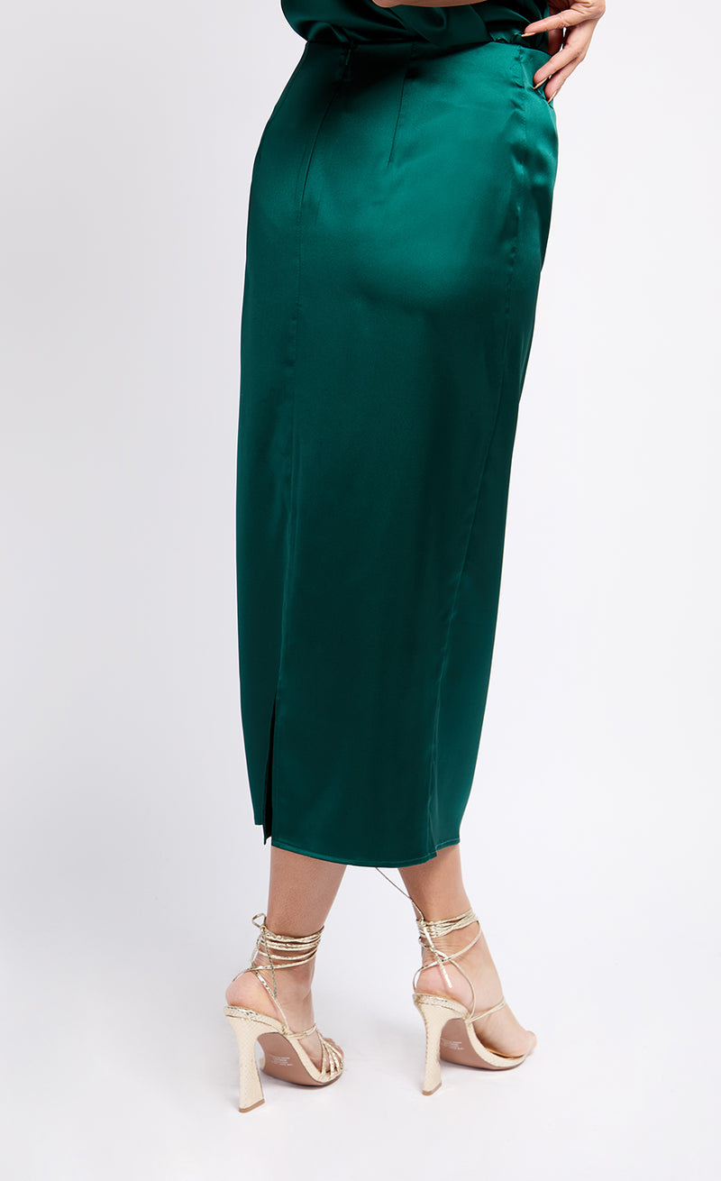 Green Satin Drape Midaxi Skirt by Vogue Williams Little Mistress