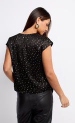 Black Satin and Gold Foil Draped Top by Vogue Williams