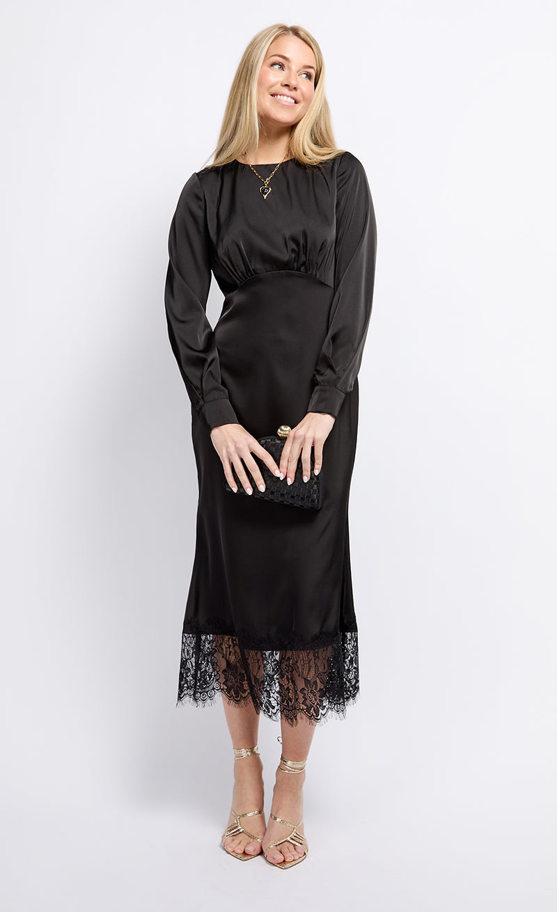 Black Satin and Lace Midaxi Dress by Vogue Williams