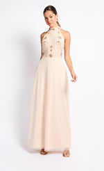 Cream Embellished High Neck Maxi Dress