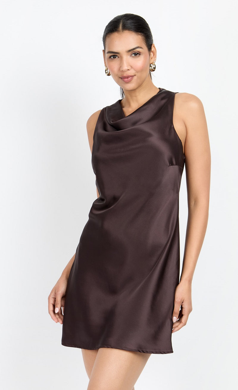 Chocolate Satin Mini Dress by Chloe Lewis