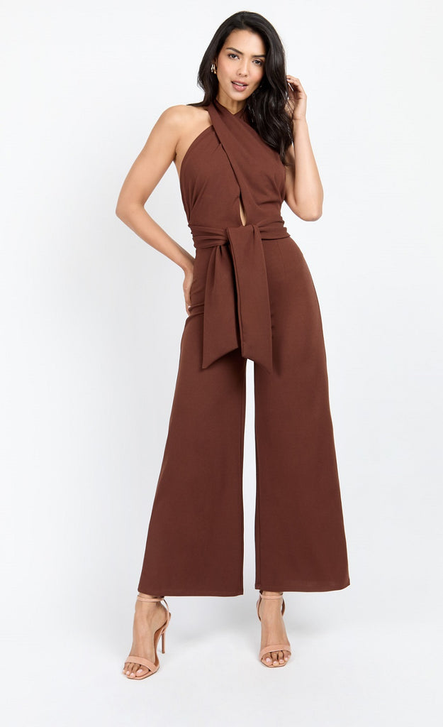 Chocolate Brown Bow Back Halter Jumpsuit by Chloe Lewis