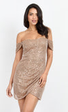 Gold Sequin Draped Bardot Mini Dress by Chloe Lewis