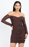 Chocolate Brown Mesh Ruched Bardot Mini Dress by Chloe Lewis