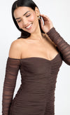 Chocolate Brown Mesh Ruched Bardot Mini Dress by Chloe Lewis