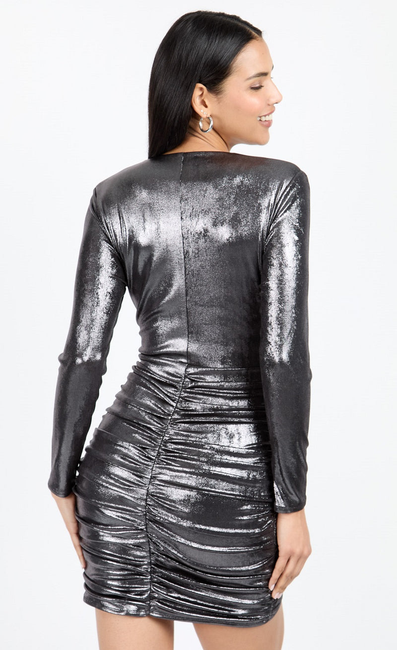 Gunmetal Grey Foil Draped Plunge Mini Dress by Chloe Lewis