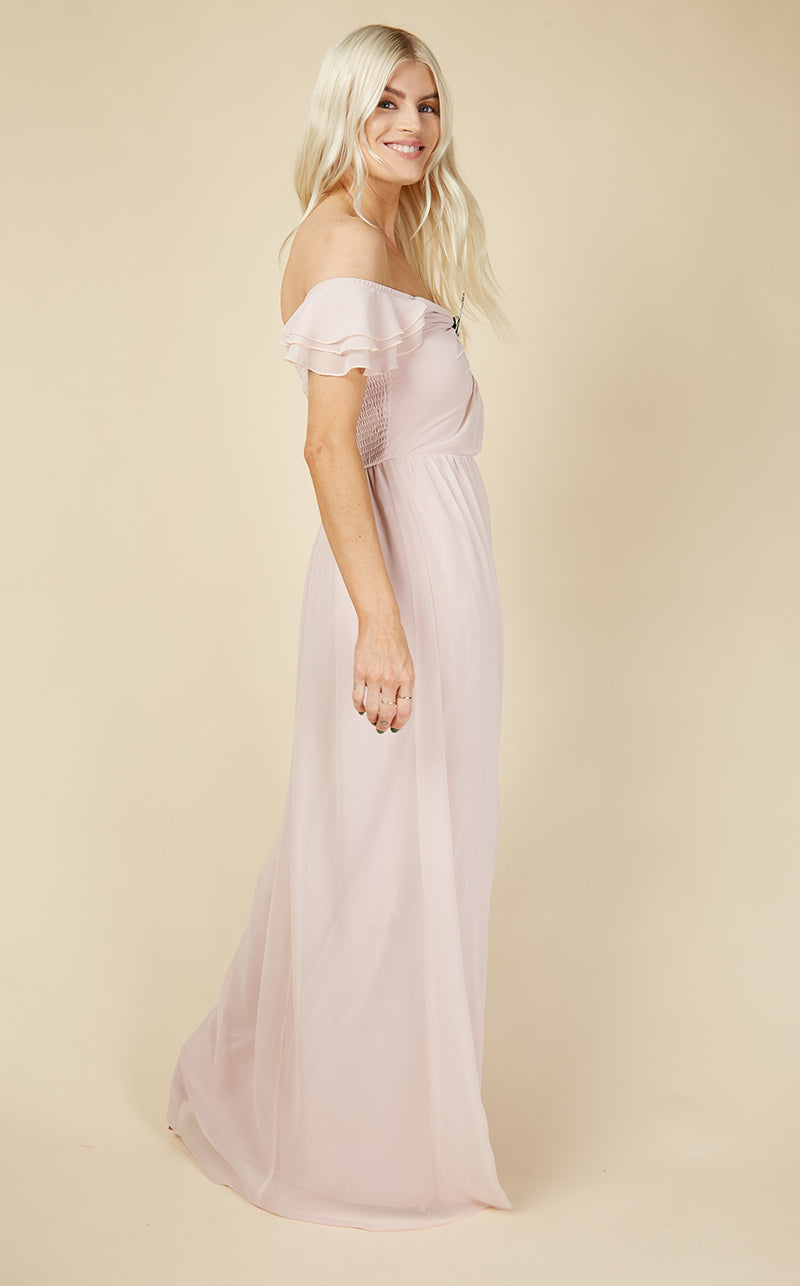 Russo Blush Bardot Draped Sleeve Maxi Dress