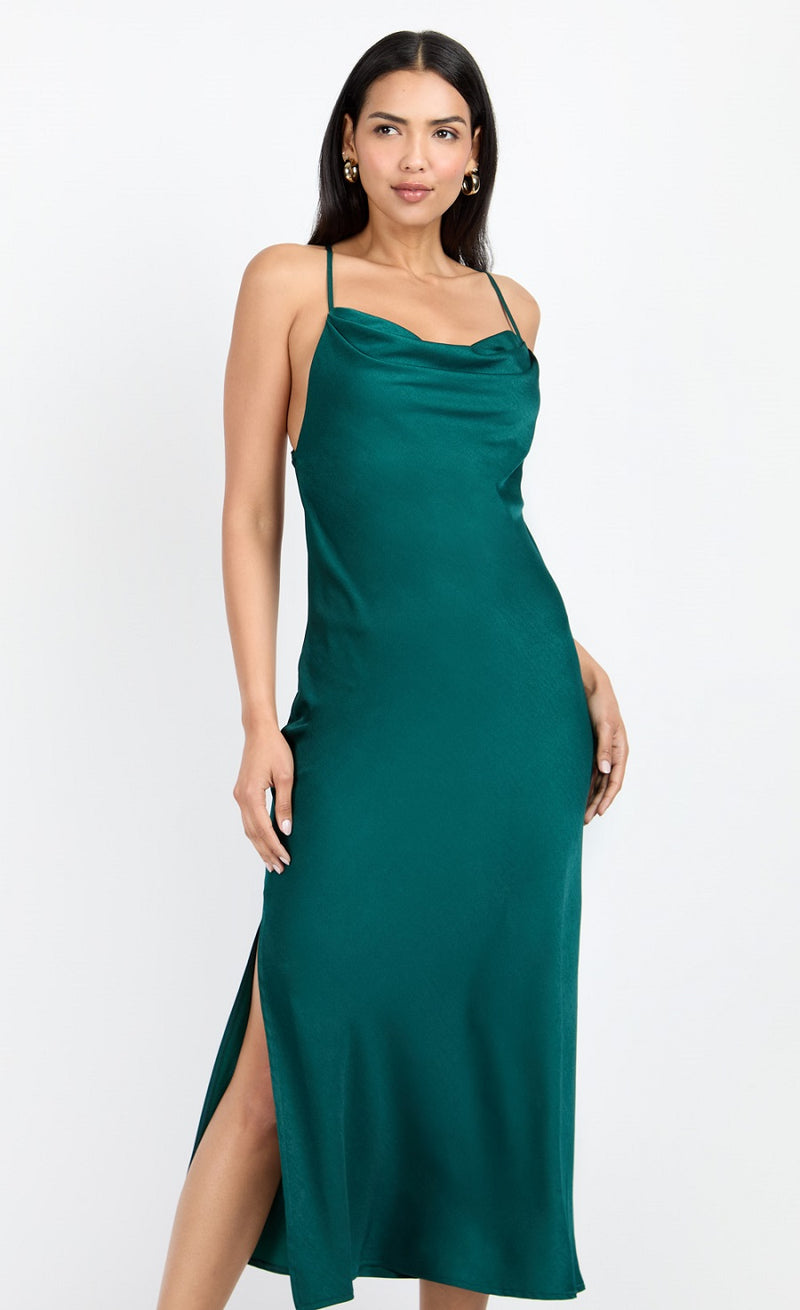 Emerald Green Satin Cowl Neck Midi Dress by Chloe Lewis