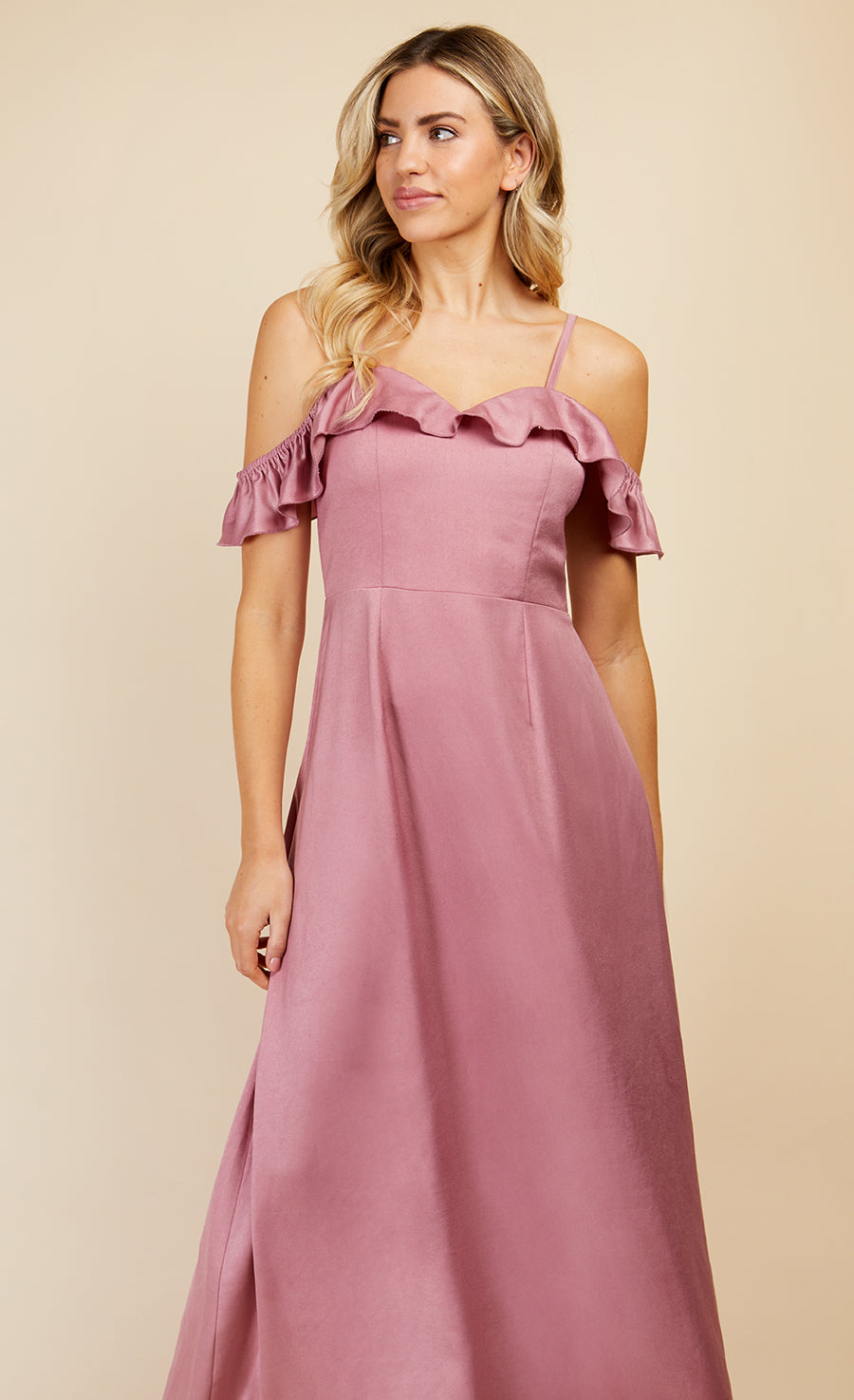 Rose Quartz Frill Cold-Shoulder Maxi Dress – Little Mistress